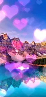 Scenic mountain with heart shapes over lake reflection in vibrant pink tones.