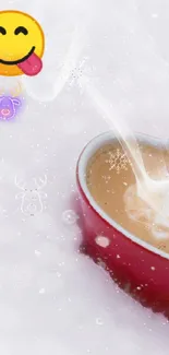 Heart-shaped red mug in snowy background with a smiley emoji.