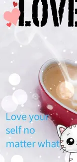 Heart-shaped coffee mug with love and kitten on snowy wallpaper.