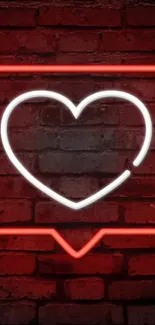 Neon heart on red brick wall, glowing brightly.