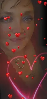 Woman's portrait with neon pink heart glow effect.