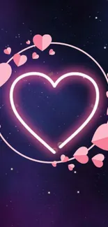 Heart-shaped neon love design with pink accents on a galaxy background.