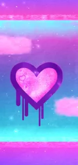 Vibrant neon heart wallpaper with pink, purple, and blue hues featuring clouds.