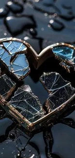 Broken glass heart on a dark reflective surface wallpaper.