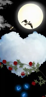 Heart-shaped cloud with roses and birds under a full moon in a mobile wallpaper.