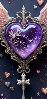 Purple winged heart with cosmic design and fantasy details on mobile wallpaper.