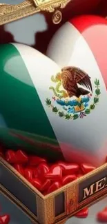 Heart-shaped object with Mexican flag in a box surrounded by red elements.