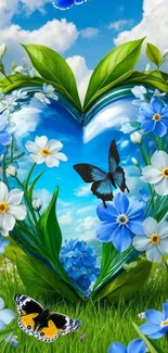 Heart shaped nature art with butterflies and blue flowers on green field.