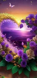 Heart-shaped purple rose arrangement with sunset backdrop.