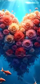 Heart-shaped rose bouquet underwater with fish swimming.