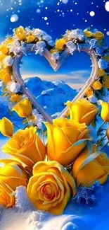 Yellow roses inside heart shape on snow with blue background.