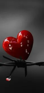 A red heart on barbed wire wallpaper with gray background.