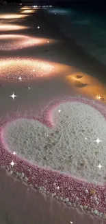 Heart design in beach sand at sunset, creating a romantic and serene scene.