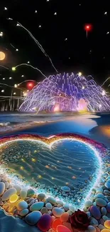 Romantic heart design on a beach with vibrant lights and colorful pebbles.