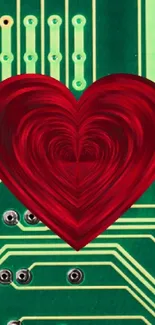 Red heart on a green circuit board design wallpaper.