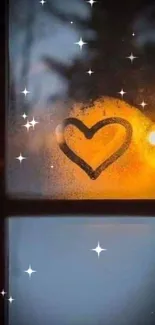 Heart drawing on frosted window with glowing background.