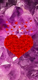 Red heart on purple crystal background wallpaper.