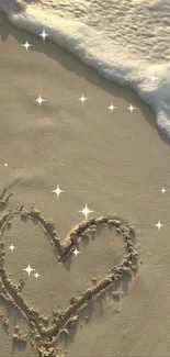 Heart drawn in sand near ocean waves on beach wallpaper.