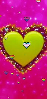 Vibrant pink wallpaper with yellow heart.