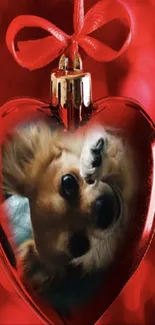 Dog inside red heart ornament on mobile wallpaper.