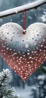 Heart ornament hanging on snowy pine branch.
