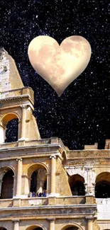 Heart over Roman Colosseum under starry sky mobile wallpaper.