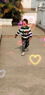 Child walking with heart overlays on path.