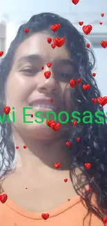 Woman smiling with red heart overlay, text 'Mi Esposasa'.