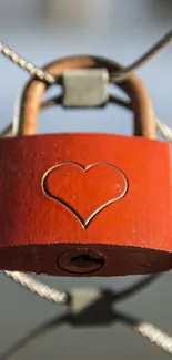 Heart-shaped padlock on metal fence, symbolizing love.