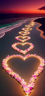 Romantic sunset beach with glowing heart-shaped flower path.