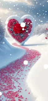 Snowy landscape with heart path and red rose petals.