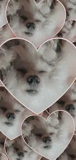 Cute dog in heart pattern mobile wallpaper with light beige tones.