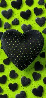 Lime green and black heart pattern wallpaper, bold and vibrant design.