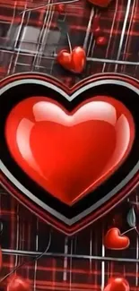 Red heart on plaid background wallpaper.
