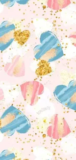 Chic heart pattern wallpaper with pink, blue, and gold accents.