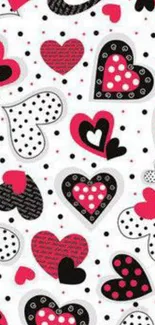 Colorful heart-patterned wallpaper with red, black, and white hues.