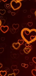 Vibrant dark red wallpaper with glowing orange hearts.