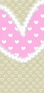 Lace-edged pink heart on beige background with white hearts.