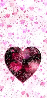 Pink and black heart pattern wallpaper with geometric designs.