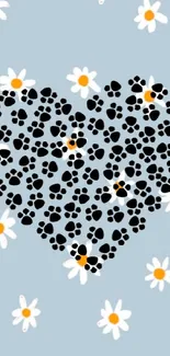 Mobile wallpaper with heart-shaped paw prints and daisies on blue background.