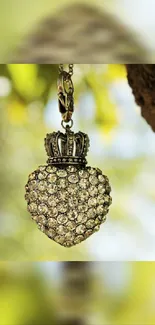 Heart-shaped pendant with crown in nature.