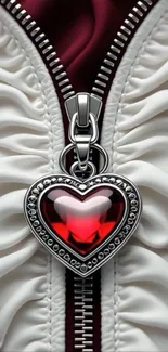 Heart pendant on a textured zipper background in red and white.