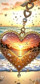 Heart-shaped pendant with sunset over ocean.