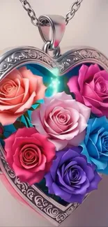 Heart-shaped pendant with colorful roses.