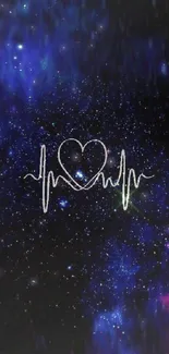 Dark blue galaxy wallpaper with heart pulse design.