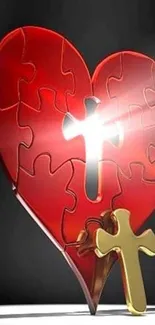 Heart puzzle design with cross in red glow.