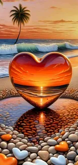 Heart-shaped reflection sunset on a peaceful beach.