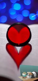 Heart-shaped red reflection on open book with blue bokeh lights.