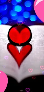 Heart shape created by light on an open book with bokeh blue background.