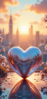 Heart-shaped reflection with blossoms in a sunset cityscape.